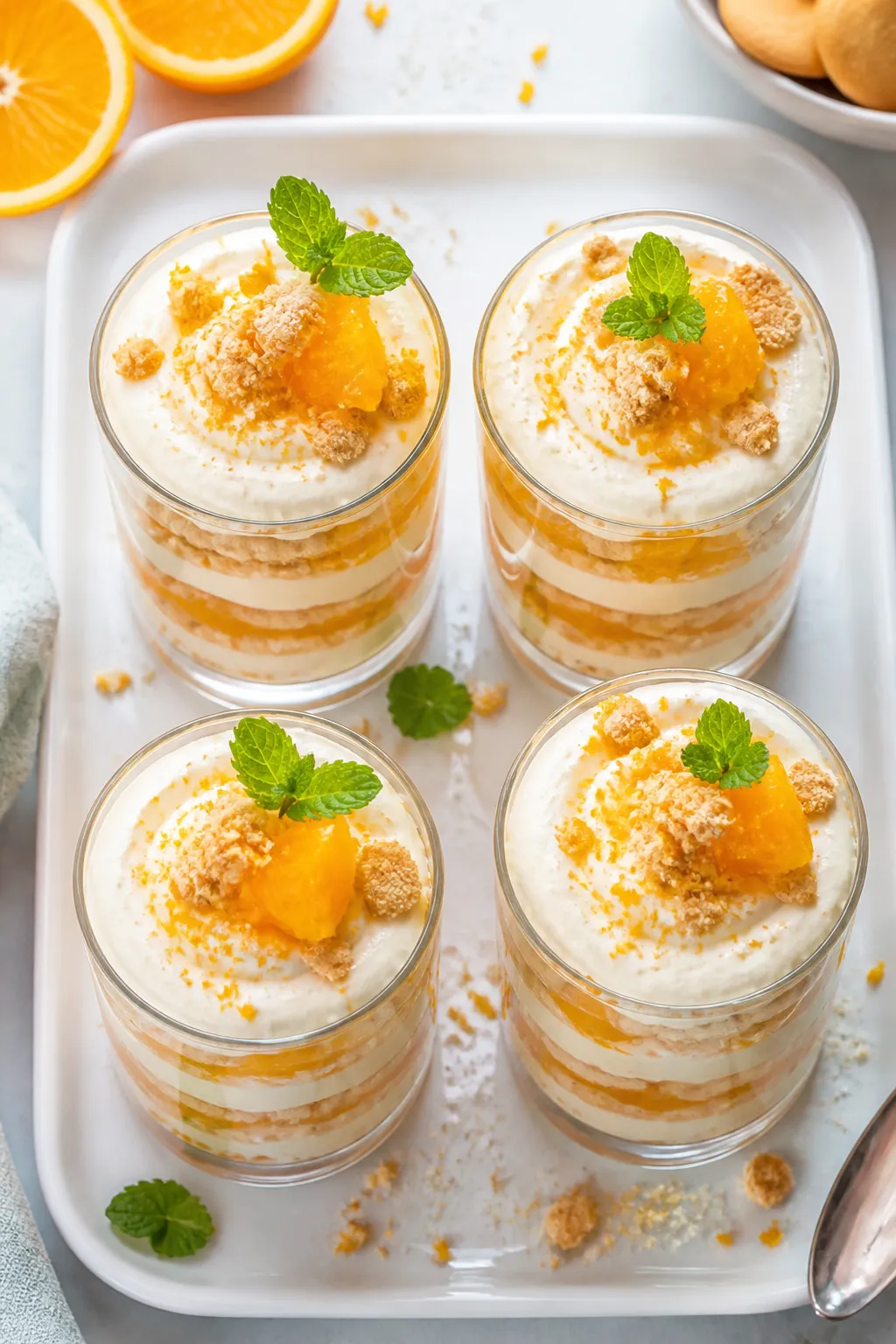 Tasty top view: Overhead shot of layered Orange Creamsicle Parfaits in four clear tumblers, showcasi