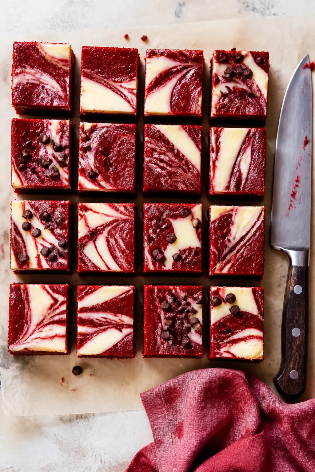 Tasty top view: Overhead shot of neatly sliced squares of Red Velvet Cheesecake Brownies arranged in