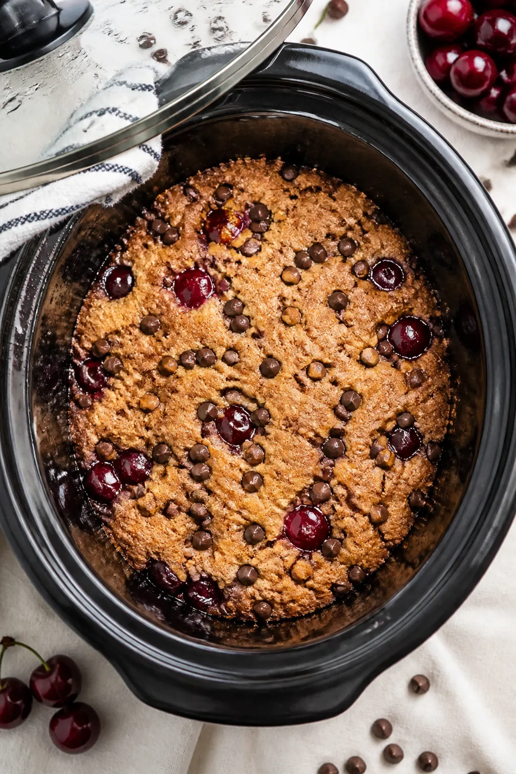 Tasty top view: Overhead shot of the Crockpot Cherry Dump Cake still in the slow cooker after ventin