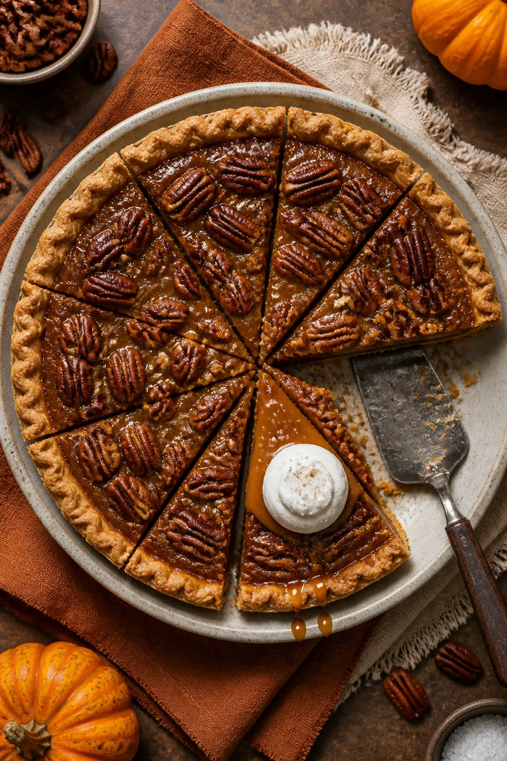 Tasty top view: Overhead shot of the finished Caramel Pecan Pumpkin Pie, caramel set and glossy with