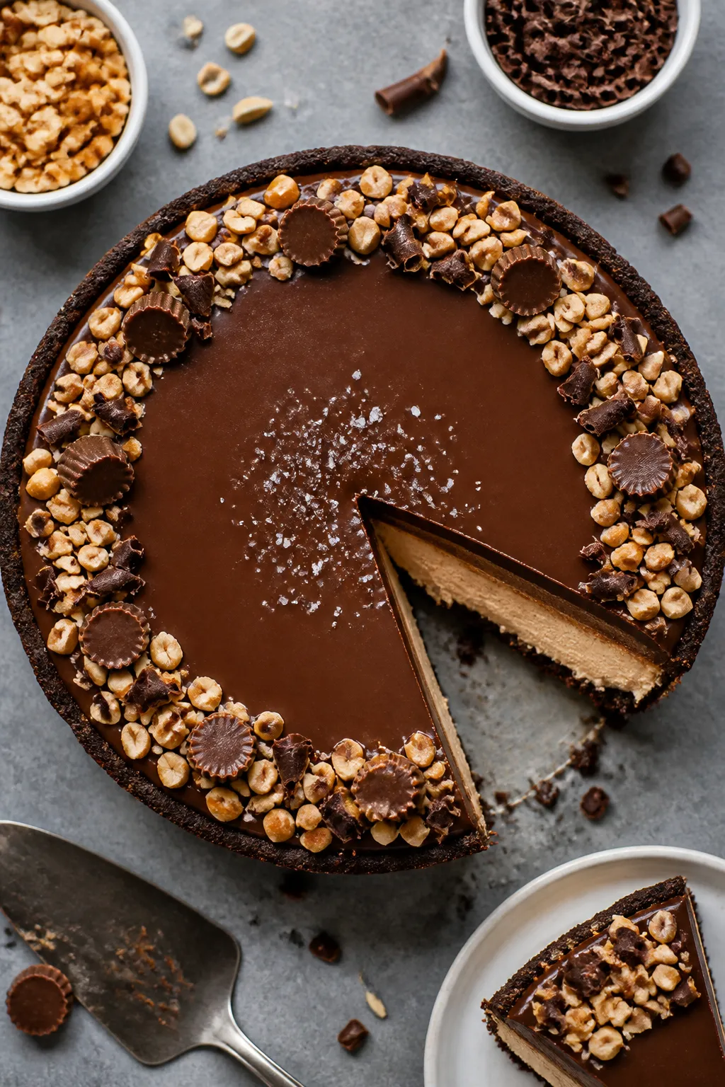 Tasty top view: Overhead shot of the fully set Chocolate Peanut Butter Cream Pie with a mirror-smoot