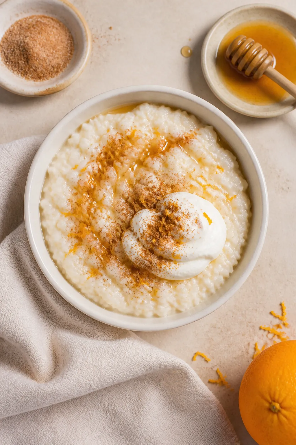 Tasty top view: Overhead shot of warm rice pudding served in a matte white bowl, topped with a delic