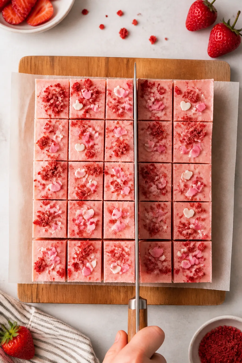 Tasty top view, slicing stage: Overhead shot of fully set strawberry fudge slab lifted out by parchm